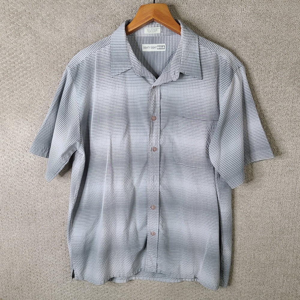 Eighty Eight USA Shirt Mens Large Gray White Checkered Button Up Short Sleeve
